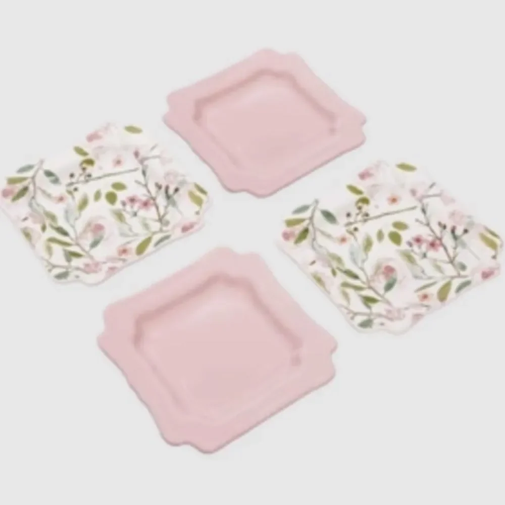 Sweet Laurel Stoneware Dessert Appetizer Plates Set Floral & Light Pink